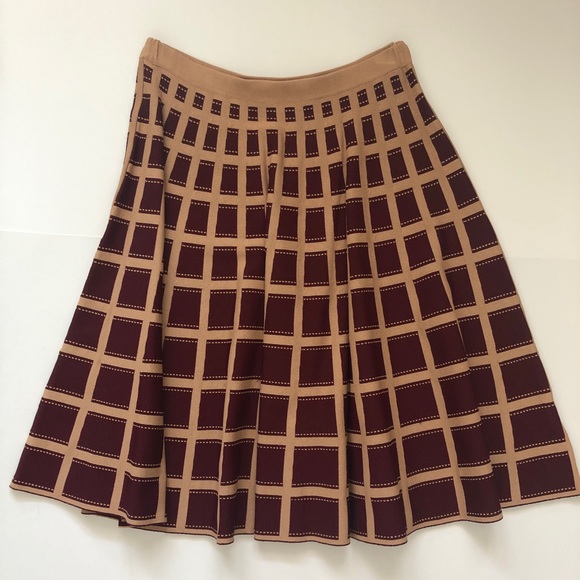 ANTHROPOLOGIE Windowpane Skater Skirt Sweater Knit Brown Tan Petite by Moth NEW - Picture 5 of 8